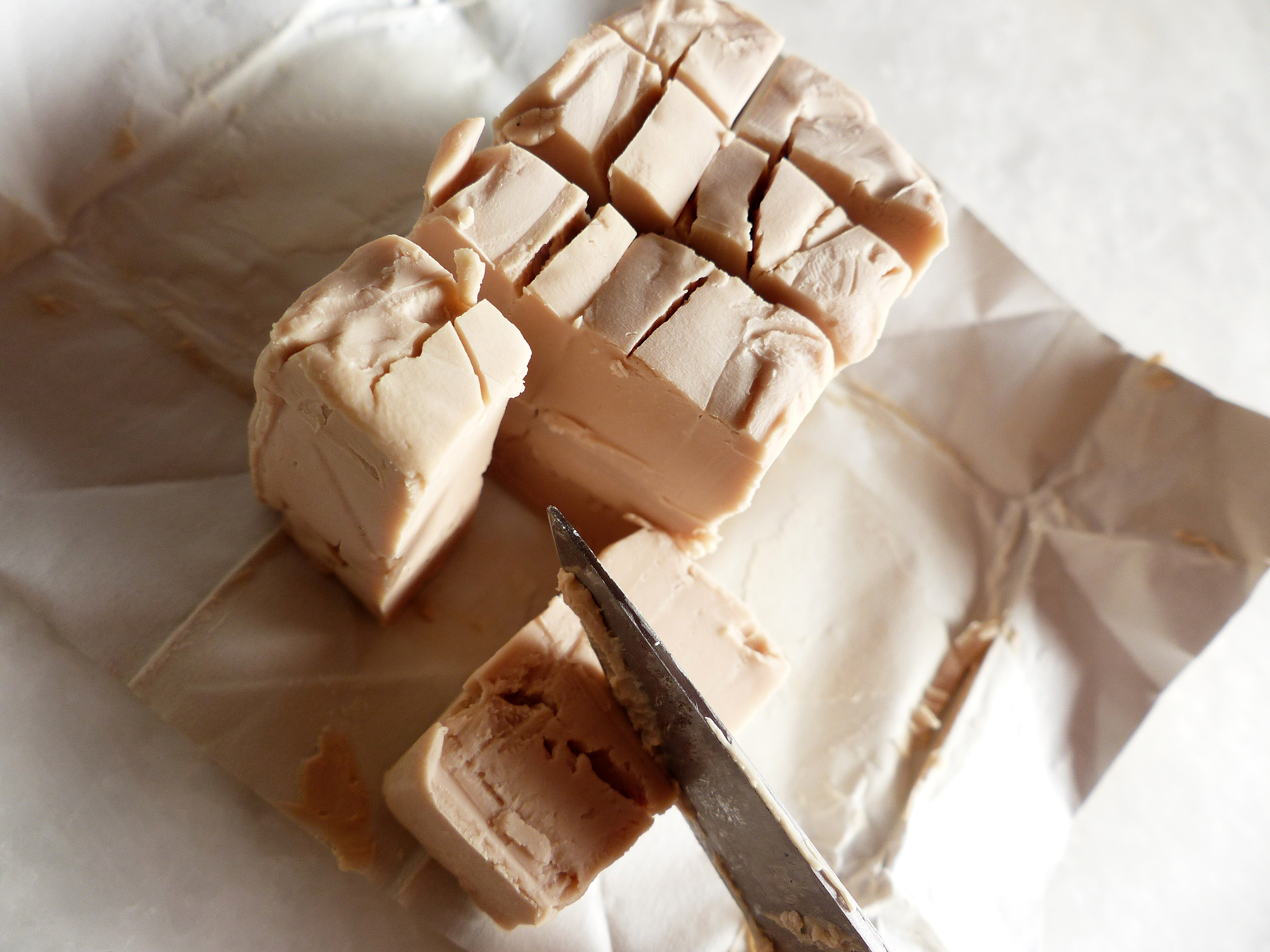 <p>Hefewürfel zuerst in 4, dann in 8, zuletzt in 16 gleich große Teile geteilt</p>