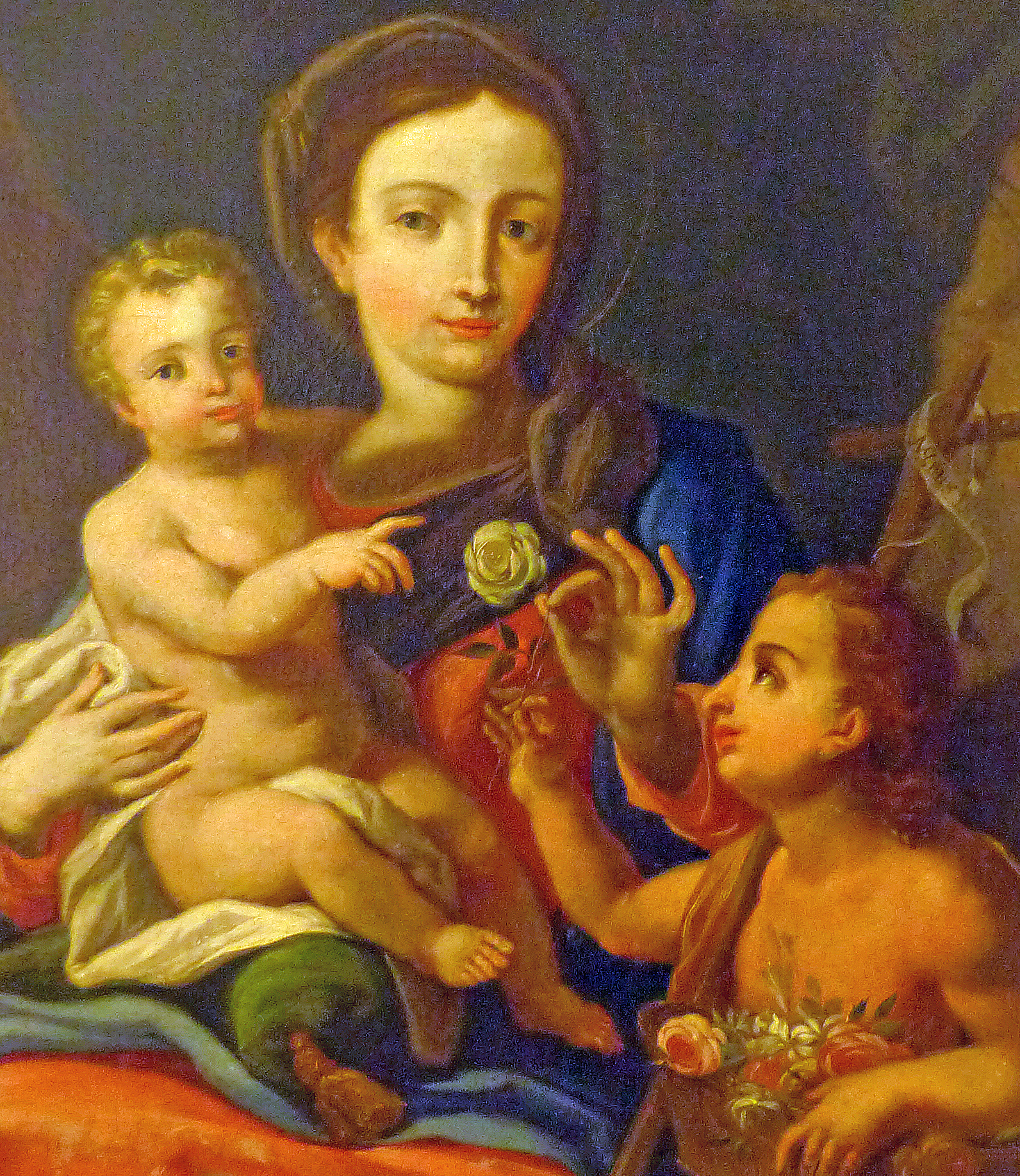 <p>Gemälde von Franz Anton Zeiler, 1790: "Mutter Gottes mit Jesuskind und Johannesknaben", der ihr aus einem Korb Rosen eine weiße Rose überreicht.</p>